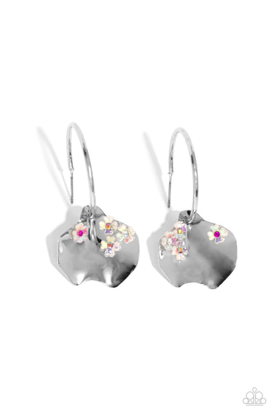 MAJESTIC MERMAID - PINK AND IRIDESCENT RHINESTONE FLOWER SILVER HOOP EARRINGS - PAPARAZZI
