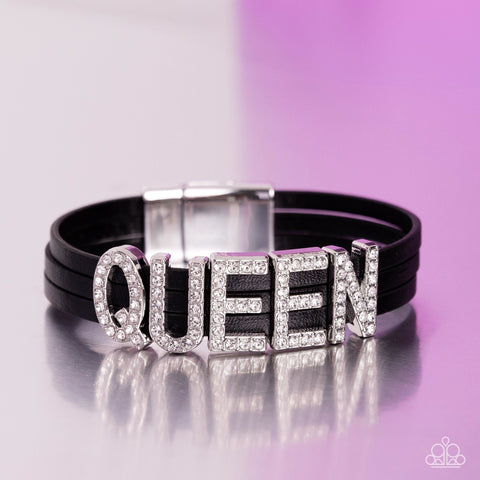 QUEEN OF MY LIFE - BLACK LEATHER CORD WHITE RHINESTONE QUEEN MAGNET BRACELET - PAPARAZZI - LIFE OF THE PARTY NOVEMBER 2023