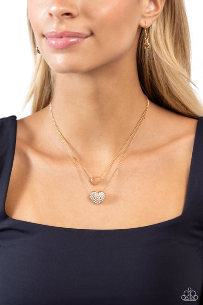 MISMATCHED MODEL - GOLD HEART WHITE RHINESTONE LAYERED SHORT NECKLACE - PAPARAZZI