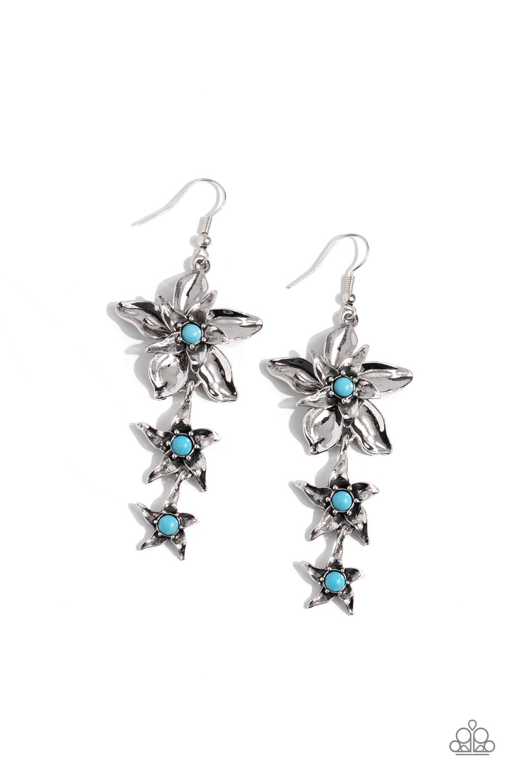 TAPERED TIERS - BLUE TURQUOISE STONE SILVER FLOWER EARRINGS - PAPARAZZI