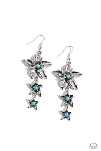 TAPERED TIERS - BLUE TURQUOISE STONE SILVER FLOWER EARRINGS - PAPARAZZI