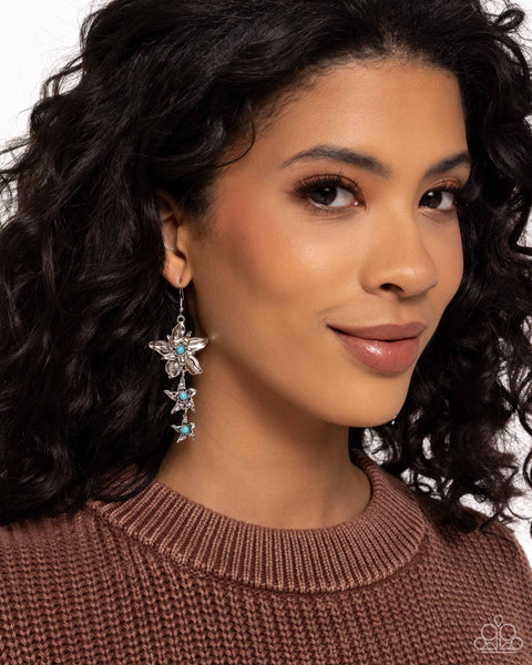 TAPERED TIERS - BLUE TURQUOISE STONE SILVER FLOWER EARRINGS - PAPARAZZI