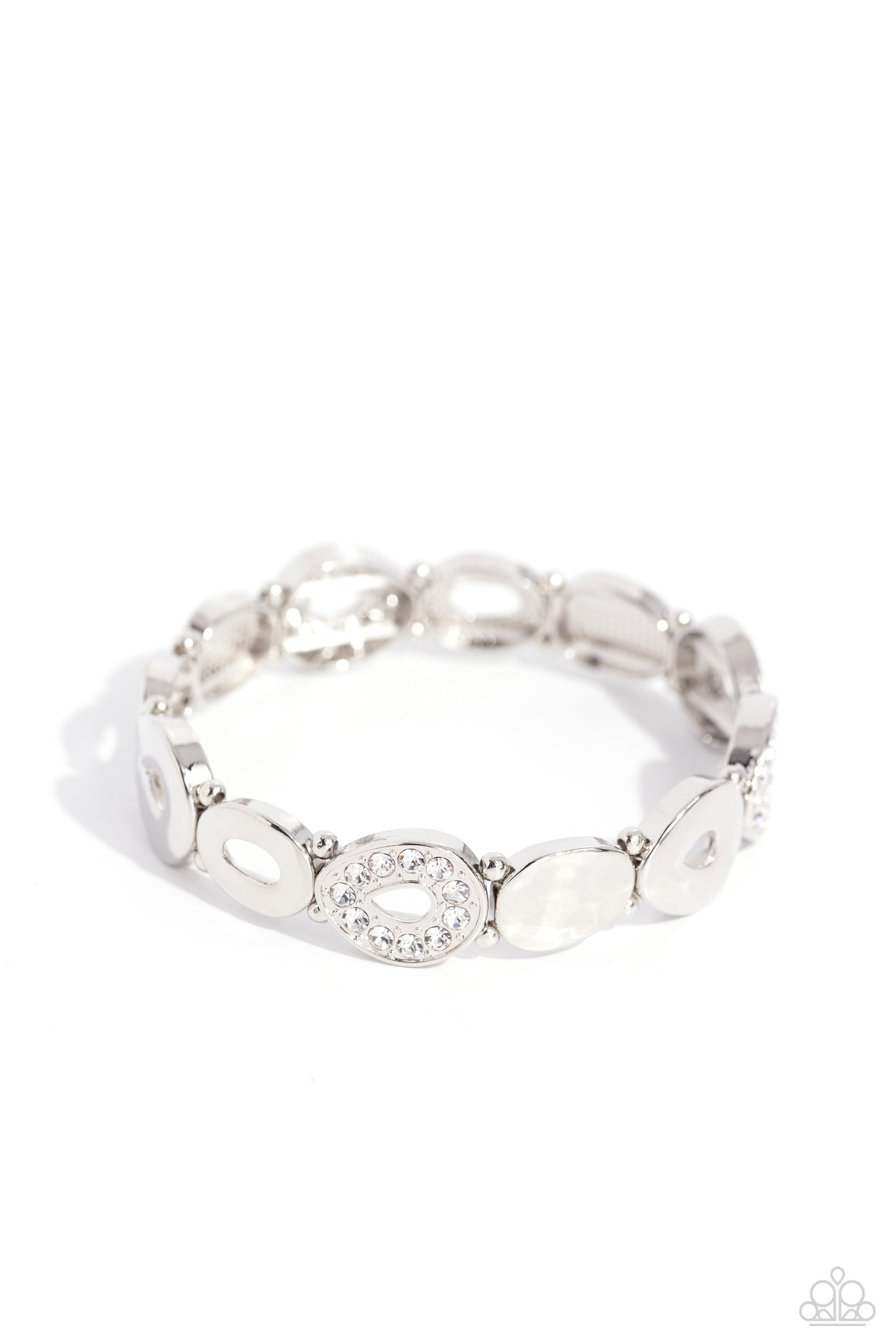 CALIBRATED CLASS - WHITE RHINESTONE SILVER OVAL STRETCHY BRACELET - PAPARAZZI