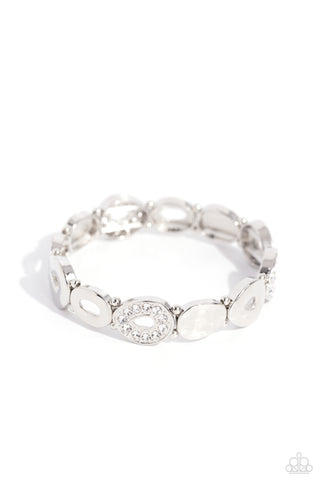 CALIBRATED CLASS - WHITE RHINESTONE SILVER OVAL STRETCHY BRACELET - PAPARAZZI