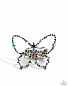 SOARING SPRINKLES - MULTI COLOR IRIDESCENT RHINESTONE SILVER BUTTERFLY RING - PAPARAZZI - LIFE OF THE PARTY MARCH 2024
