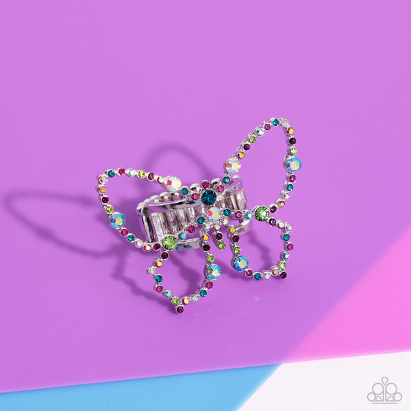 SOARING SPRINKLES - MULTI COLOR IRIDESCENT RHINESTONE SILVER BUTTERFLY RING - PAPARAZZI - LIFE OF THE PARTY MARCH 2024