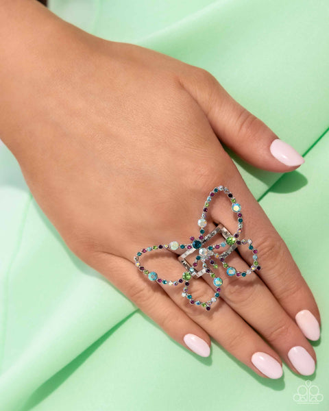 SOARING SPRINKLES - MULTI COLOR IRIDESCENT RHINESTONE SILVER BUTTERFLY RING - PAPARAZZI - LIFE OF THE PARTY MARCH 2024