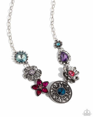 GIDDY GARDEN - MULTI COLOR GEM SILVER FLOWER SHORT NECKLACE - PAPARAZZI - LIFE OF THE PARTY MARCH 2024