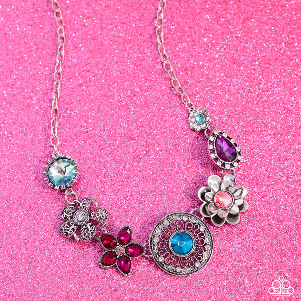 GIDDY GARDEN - MULTI COLOR GEM SILVER FLOWER SHORT NECKLACE - PAPARAZZI - LIFE OF THE PARTY MARCH 2024