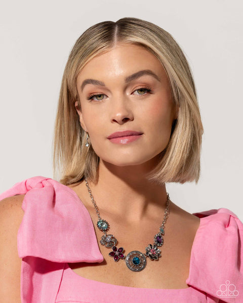 GIDDY GARDEN - MULTI COLOR GEM SILVER FLOWER SHORT NECKLACE - PAPARAZZI - LIFE OF THE PARTY MARCH 2024