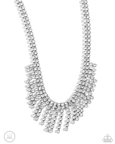 DARING DECADENCE - WHITE RHINESTONE FRINGE SILVER CHOKER NECKLACE - PAPARAZZI - LIFE OF THE PARTY APRIL 2024
