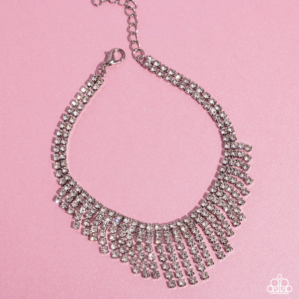 CURTAIN CONFIDENCE - WHITE RHINESTONE FRINGE SILVER ANKLET - PAPARAZZI - LIFE OF THE PARTY APRIL 2024
