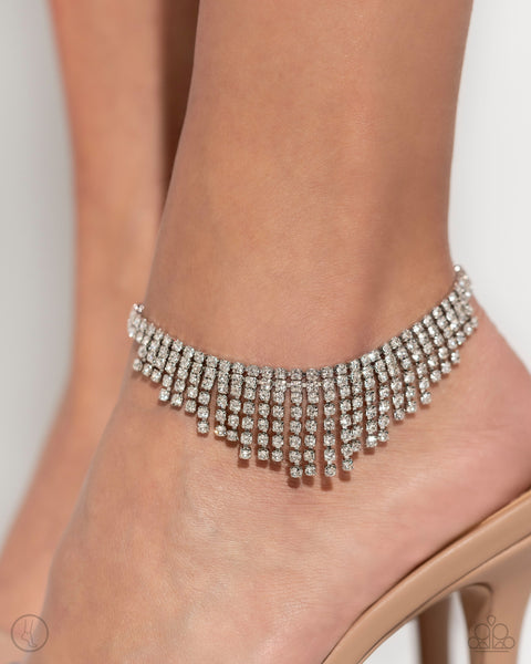 CURTAIN CONFIDENCE - WHITE RHINESTONE FRINGE SILVER ANKLET - PAPARAZZI - LIFE OF THE PARTY APRIL 2024