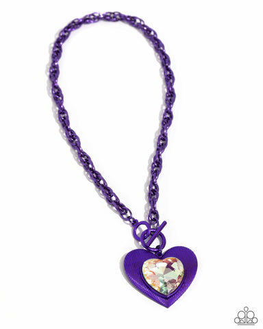 MODERN MATCHUP - PURPLE METALLIC CHAIN HEART IRIDESCENT GEM SHORT NECKLACE - PAPARAZZI - LIFE OF THE PARTY MARCH 2024
