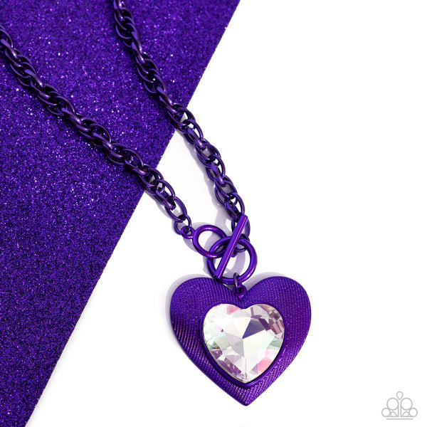MODERN MATCHUP - PURPLE METALLIC CHAIN HEART IRIDESCENT GEM SHORT NECKLACE - PAPARAZZI - LIFE OF THE PARTY MARCH 2024