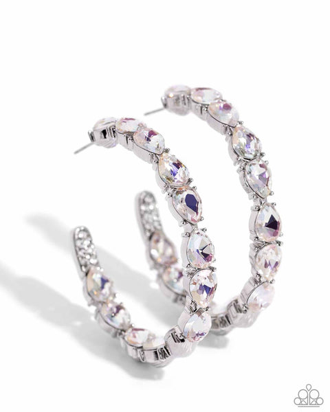PRESIDENTIAL PIZZAZZ - WHITE IRIDESCENT GEM SILVER HOOP EARRINGS - PAPARAZZI - LIFE OF THE PARTY MARCH 2024