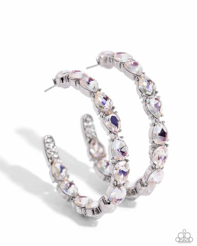 PRESIDENTIAL PIZZAZZ - WHITE IRIDESCENT GEM SILVER HOOP EARRINGS - PAPARAZZI - LIFE OF THE PARTY MARCH 2024