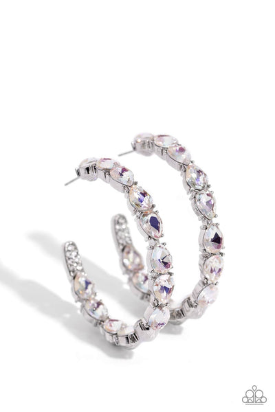 PRESIDENTIAL PIZZAZZ - WHITE IRIDESCENT GEM SILVER HOOP EARRINGS - PAPARAZZI - LIFE OF THE PARTY MARCH 2024
