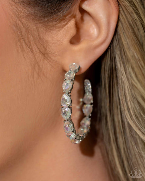 PRESIDENTIAL PIZZAZZ - WHITE IRIDESCENT GEM SILVER HOOP EARRINGS - PAPARAZZI - LIFE OF THE PARTY MARCH 2024
