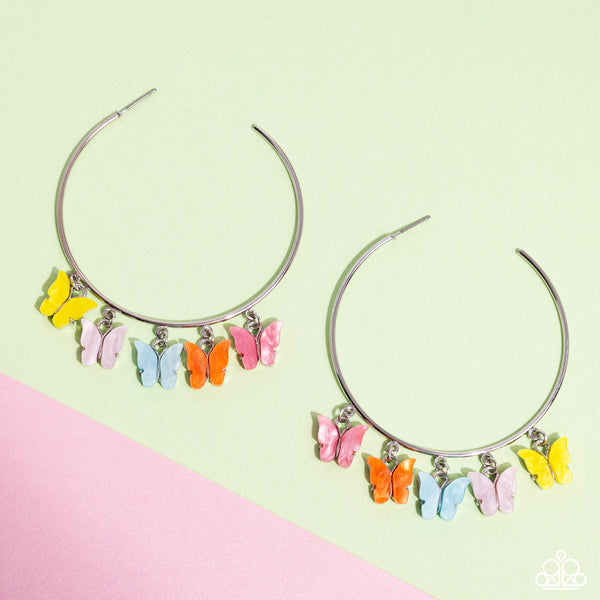 BEMUSING BUTTERFLIES - MULTI COLOR BUTTERFLY SILVER HOOP EARRINGS - PAPARAZZI - LIFE OF THE PARTY APRIL 2024