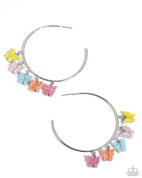 BEMUSING BUTTERFLIES - MULTI COLOR BUTTERFLY SILVER HOOP EARRINGS - PAPARAZZI - LIFE OF THE PARTY APRIL 2024