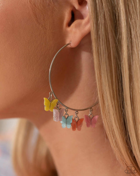 BEMUSING BUTTERFLIES - MULTI COLOR BUTTERFLY SILVER HOOP EARRINGS - PAPARAZZI - LIFE OF THE PARTY APRIL 2024
