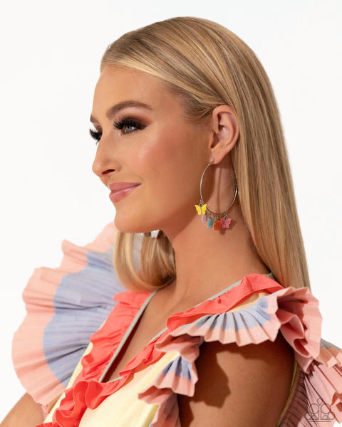 BEMUSING BUTTERFLIES - MULTI COLOR BUTTERFLY SILVER HOOP EARRINGS - PAPARAZZI - LIFE OF THE PARTY APRIL 2024