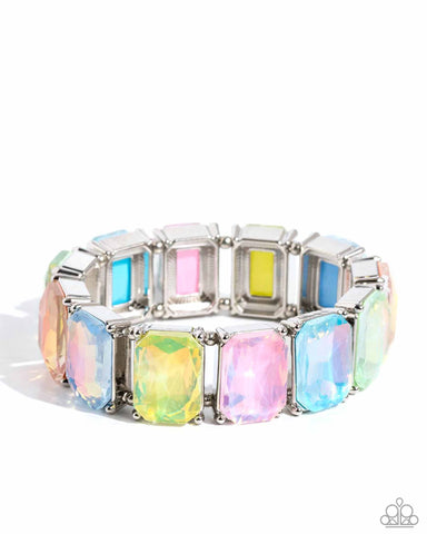 GLAMOROUS GETAWAY - MULTI PASTEL UV SHIMMER GEM SILVER STRETCHY BRACELET - PAPARAZZI - LIFE OF THE PARTY MARCH 2024
