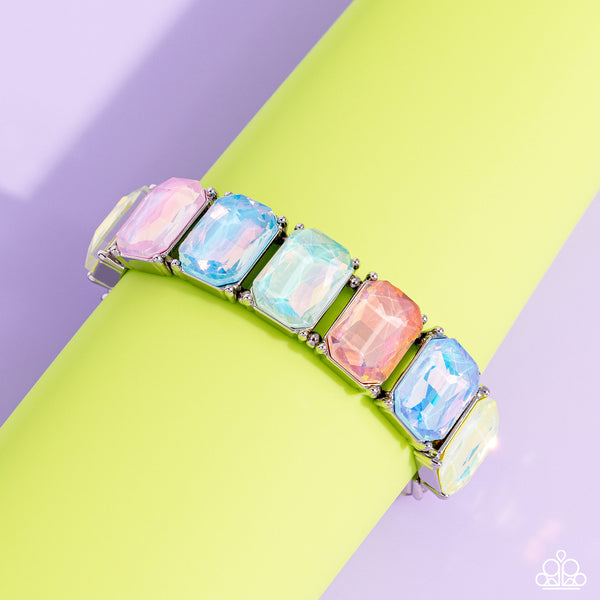 GLAMOROUS GETAWAY - MULTI PASTEL UV SHIMMER GEM SILVER STRETCHY BRACELET - PAPARAZZI - LIFE OF THE PARTY MARCH 2024