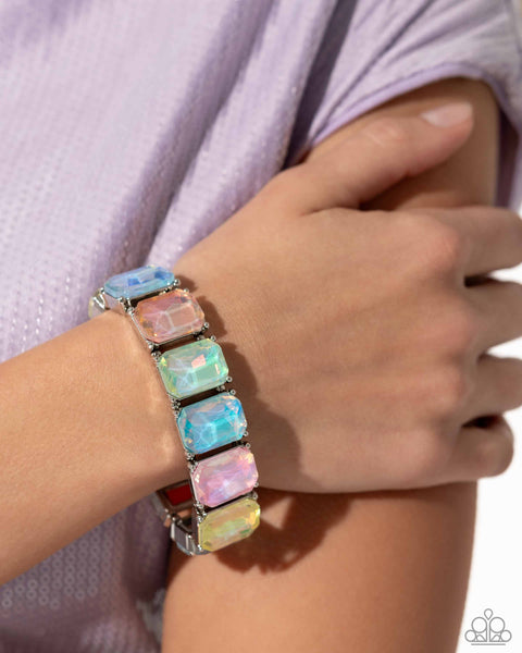GLAMOROUS GETAWAY - MULTI PASTEL UV SHIMMER GEM SILVER STRETCHY BRACELET - PAPARAZZI - LIFE OF THE PARTY MARCH 2024