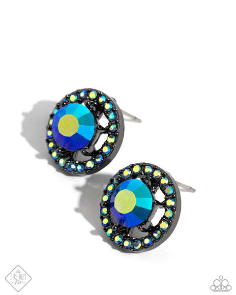 DYNAMIC DOMINANCE - BLUE IRIDESCENT GEM GUNMETAL POST EARRINGS - PAPARAZZI JUNE 2024