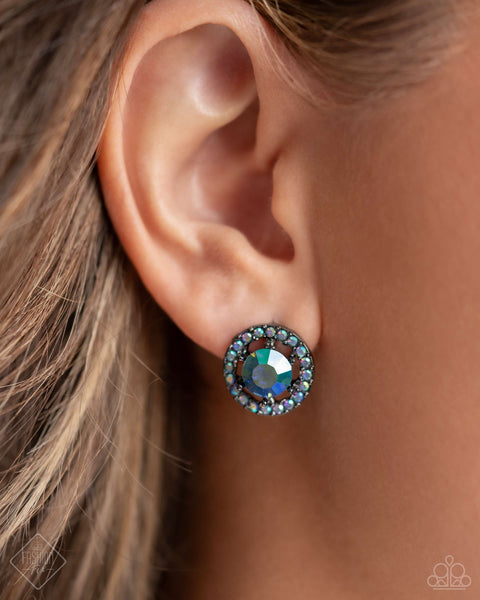 DYNAMIC DOMINANCE - BLUE IRIDESCENT GEM GUNMETAL POST EARRINGS - PAPARAZZI JUNE 2024