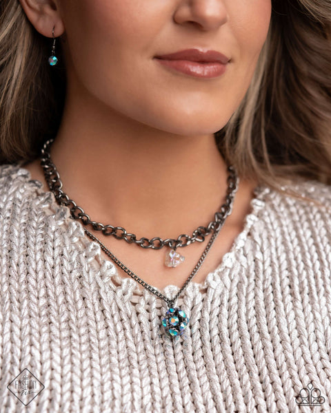 FLAIR FOR THE FIERCE - BLUE IRIDESCENT RHINESTONE GUNMETAL LAYERED SHORT NECKLACE - PAPARAZZI - FASHION FIX JUNE 2024