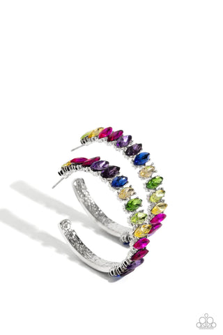 RAINBOW RANGE - MULTI COLOR GEM SILVER HOOP EARRINGS - PAPARAZZI - LIFE OF THE PARTY NOVEMBER 2023
