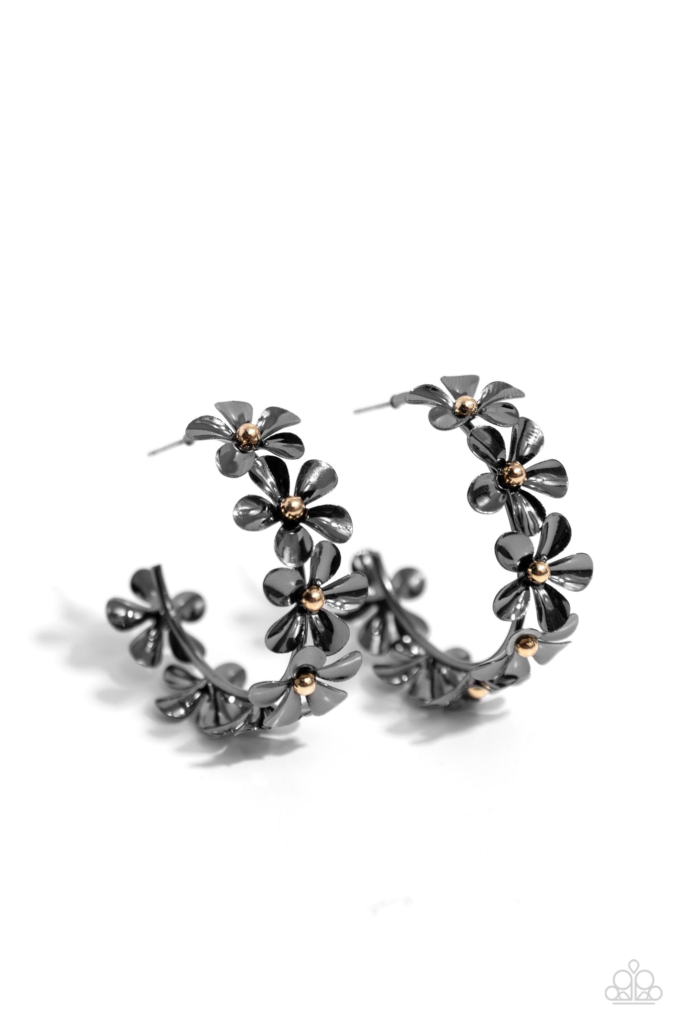 FLORAL FLAMENCO - BLACK GUNMETAL FLOWER HOOP EARRINGS - PAPARAZZI