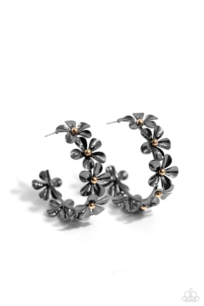 FLORAL FLAMENCO - BLACK GUNMETAL FLOWER HOOP EARRINGS - PAPARAZZI