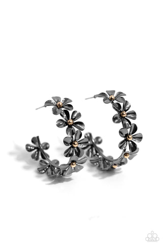FLORAL FLAMENCO - BLACK GUNMETAL FLOWER HOOP EARRINGS - PAPARAZZI