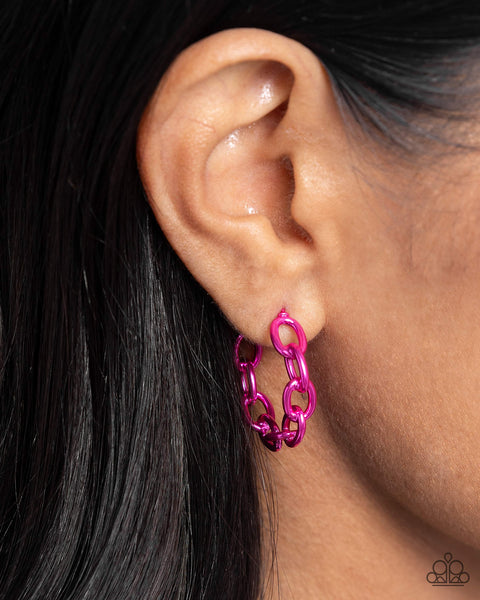 COLORFUL CAMEO - PINK METALLIC CHAIN HOOP EARRINGS - PAPARAZZI
