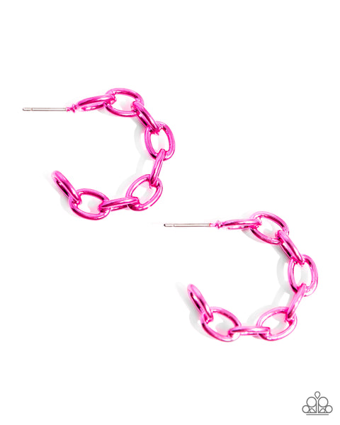 COLORFUL CAMEO - PINK METALLIC CHAIN HOOP EARRINGS - PAPARAZZI