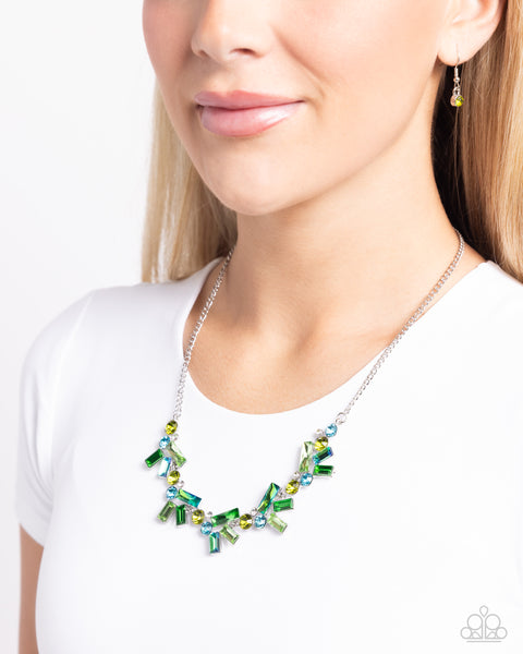 SERENE STATEMENT - GREEN AND BLUE GEM SILVER SHORT NECKLACE - PAPARAZZI