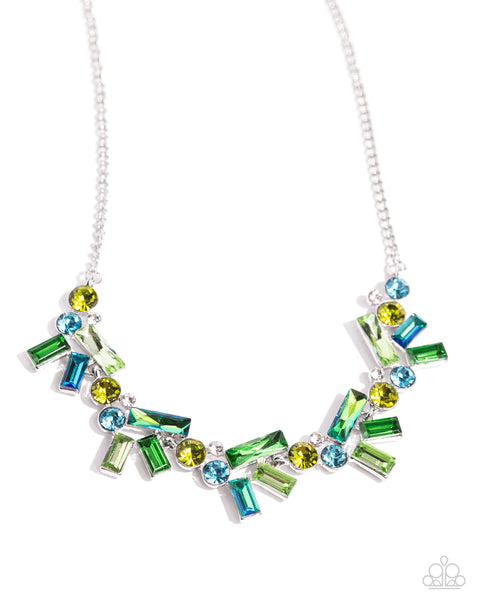 SERENE STATEMENT - GREEN AND BLUE GEM SILVER SHORT NECKLACE - PAPARAZZI
