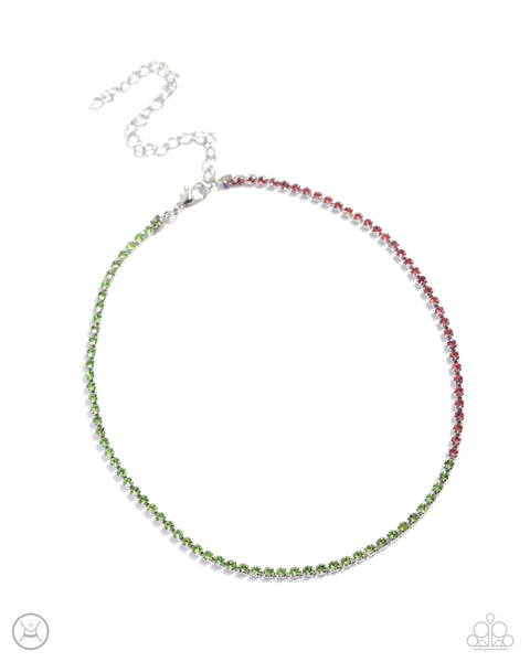 DEDICATED DUO - GREEN AND PINK RHINESTONE SILVER CHOKER NECKLACE - PAPARAZZI