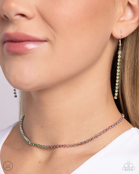 DEDICATED DUO - GREEN AND PINK RHINESTONE SILVER CHOKER NECKLACE - PAPARAZZI