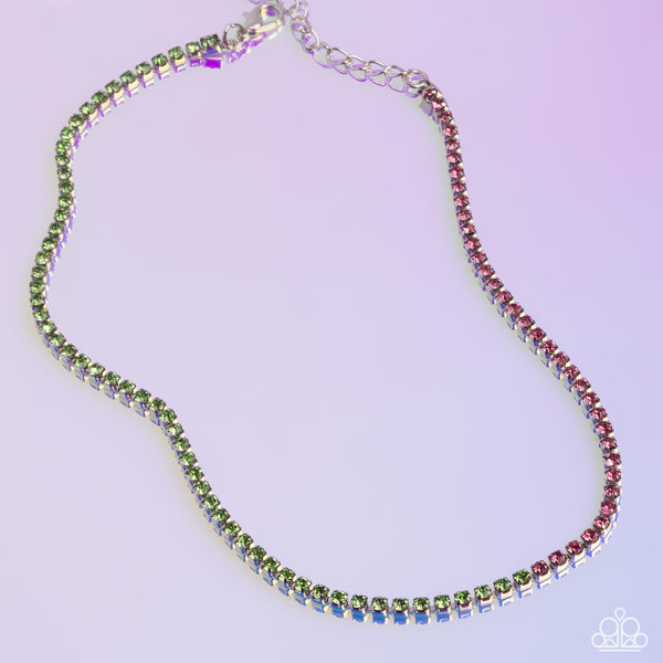 DEDICATED DUO - GREEN AND PINK RHINESTONE SILVER CHOKER NECKLACE - PAPARAZZI