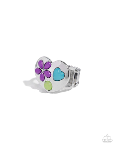 SPIRITED SHAPES - RED FLOWER PURPLE HEART SILVER RING - PAPARAZZ