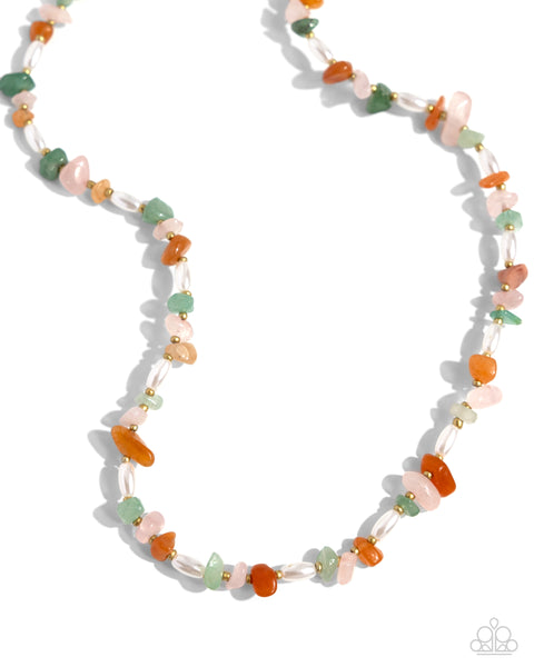 NATURAL NUANCE - MULTI GREEN ORANGE PINK GOLD BEAD SHORT NECKLACE - PAPARAZZI
