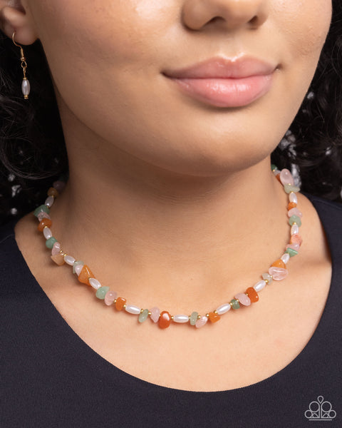 NATURAL NUANCE - MULTI GREEN ORANGE PINK GOLD BEAD SHORT NECKLACE - PAPARAZZI