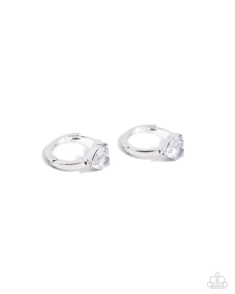 HIGH NOBILITY - WHITE GEM RHINESTONE HEART SILVER HINGE HOOP EARRINGS - PAPARAZZI