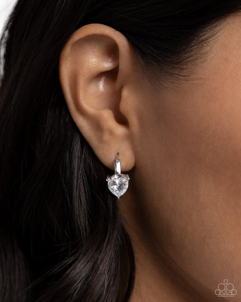 HIGH NOBILITY - WHITE GEM RHINESTONE HEART SILVER HINGE HOOP EARRINGS - PAPARAZZI