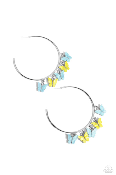 BEMUSING BUTTERFLIES - BLUE AND YELLOW BUTTERFLY SILVER HOOP EARRINGS - PAPARAZZI